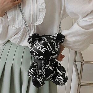 Black Graphic Bear-Shaped Crossbody Bag